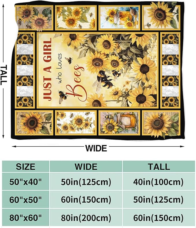 Bee Blanket for Boys Girls, Bee Sunflowers Flannel Throw Blanket, Fleece Soft Cozy Stuff Blankets Gift for Women Men Couch Sofa Bed 80" x 60"