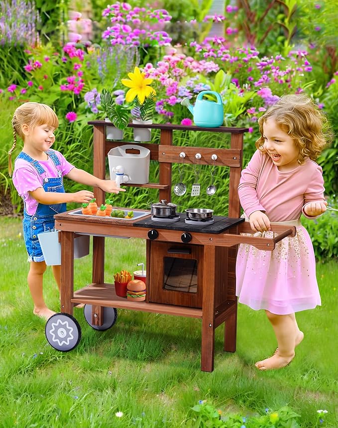 ROBUD Mud Kitchen for Kids Outdoor with Wheels, Wooden Outdoor Play Kitchen, Kids Mud Kitchen with Removable Sink & Faucet, Monteeori Toys for Children Ages 3+ Years, WG403