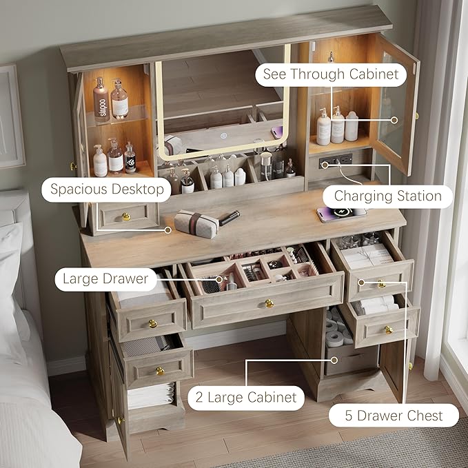 43'' Makeup Vanity with Mirror and Lights, Farmhouse Vanity Desk with Drawers & Charging Station, 3 Lighting Modes & Adjustable Brightness, Glass Cabinet, Dressing Table for Bedroom, Grey