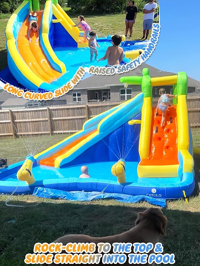 ROOJER Inflatable Water Slide Park for Kids Backyard 8-in-1 Blow Up Crocodile Spray Slide with 450W Blower, Splash Pool, Climbing Wall, Water Cannon, Basketball Hoop for Summer Outdoor Play Party Gift