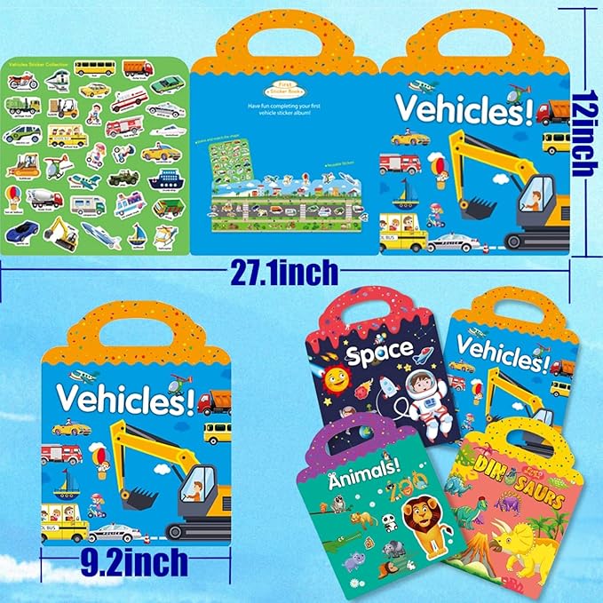 RUSON Reusable Sticker Book for Kids, 4 Sets Educational Learning Toys Travel Stickers Activity Books for Toddler Girls Boys Age 3+ Birthday Gifts - Vehicle, Space, Dinosaur & Animals