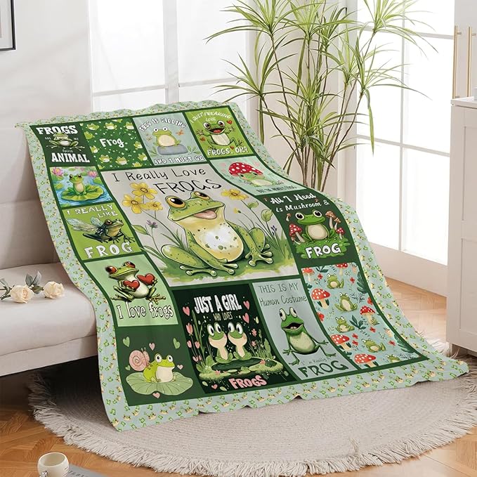 Frog Blanket, Frogs Throw Blanket, Mushroom Gifts Blankets Stuff Fleece Flannel Plush for Women Men Boys Girls Lovers Adults Soft Bedding Gift for Sofa Bed Office Home Decor 50"x40"