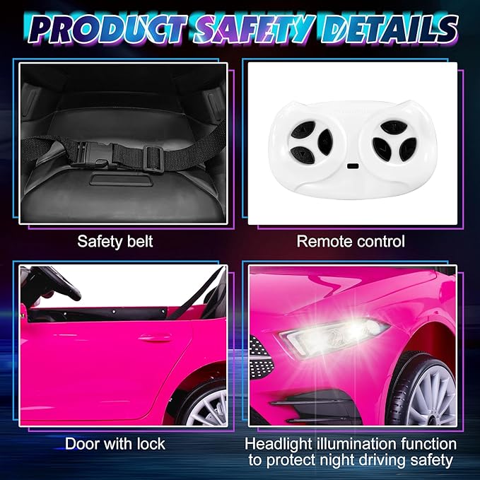 12V Kids Ride On Car with 2.4G Remote Control,Battery Powered Electric Car Ride On Vehicle Double Doors, 5 Point Safety Belt,LED Light (Big-Pink)