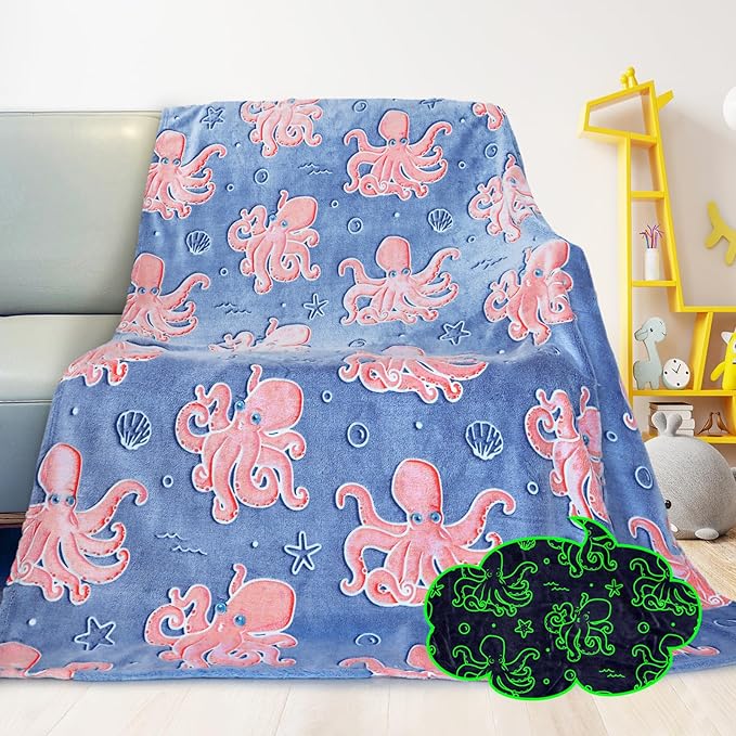 Glow in The Dark Octopus Blanket for Kids - Soft Fleece Ocean Animal Throw Blanket Sea Creature Octopus Gifts Toys for Boys & Girls 3-12 Years Old 50x60inch