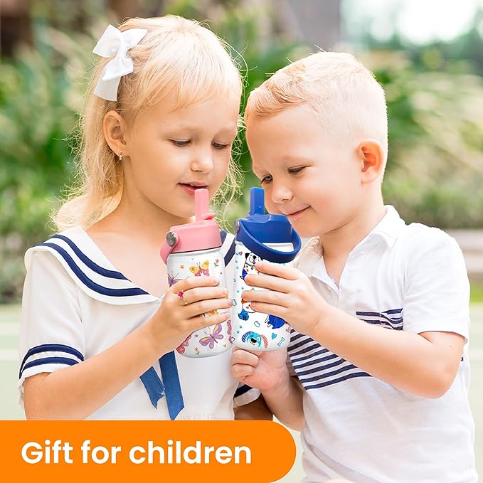 Dog Water Bottle - Kids Water Bottle with Straw Lid - 12 Oz Insulated Stainless Steel Water Bottles for Kid Boys - Travel Cup for School Sports