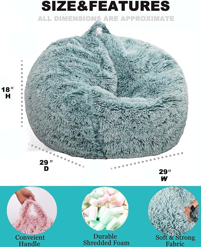 Fluffy Bean Bag Chair for Kids, 2.5FT Round Memory Foam Filled Bean Bag for Teens & Kids, Ultra Soft Faux Fur Fabric Bean Bag Chairs for Playroom, Living Room, Bedroom, Dark Green