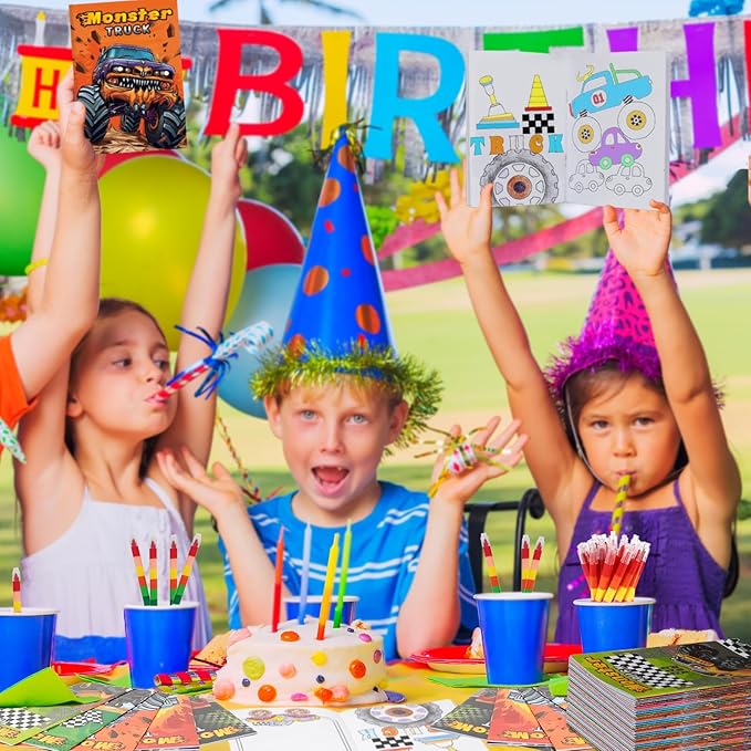 BenLouis 12 Monster Truck Mini Coloring Books Kids with 12 Stacking Crayons Car wheels Party Favors Small Activity Books Bulk for Kids Monster Truck Party Gift Goodie Bag Stuffers