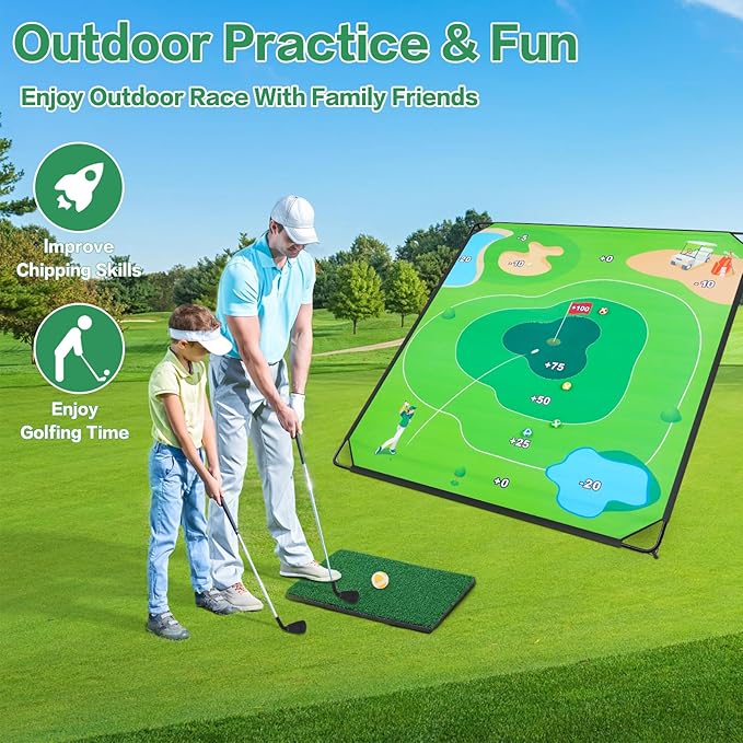Golf Chipping Game Set, 71"x71" Outdoor Portable Sticky Golf Game, Indoor Chipping Practice with 2 Adjustable Clubs, 20 Sticky Balls for Young Adults, Fathers & Golfers Family Backyard