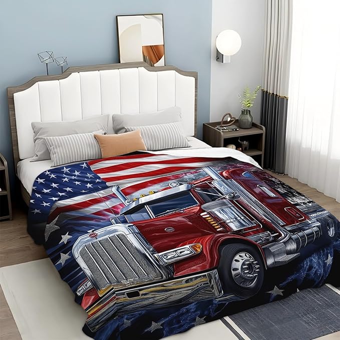 Truck Blanket Gifts for Men, American Flag Truck Throw Blanket for Boys, Soft Cozy Stuff Fleece Blankets Gifts for Train Lovers Couch Sofa Bed 80" x 60"