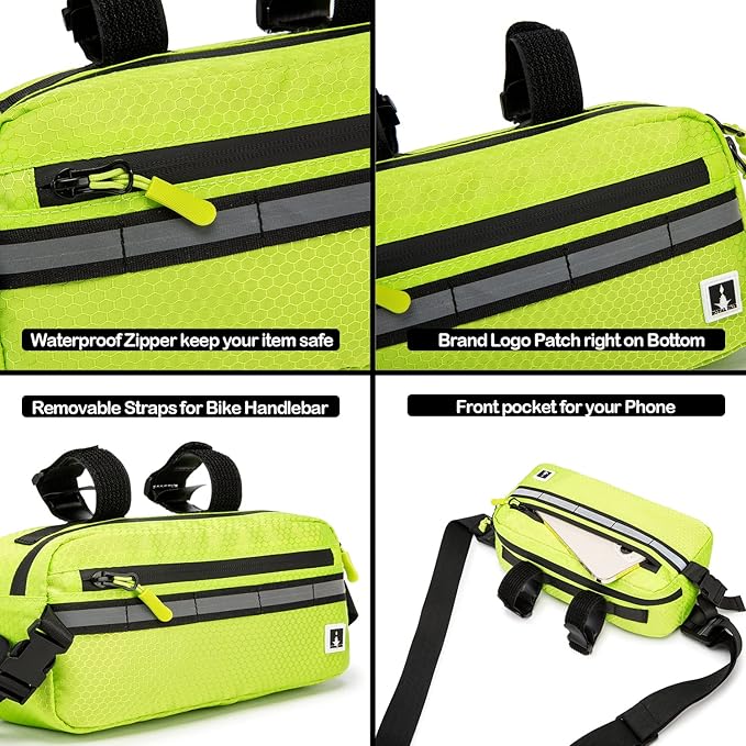 Waterproof Bike Bag, Front Handlebar Bag, Kids Handlebar Bag for Bicycles, Mount Bicycle Bag that converts to Crossbody Bag (Neo Green)