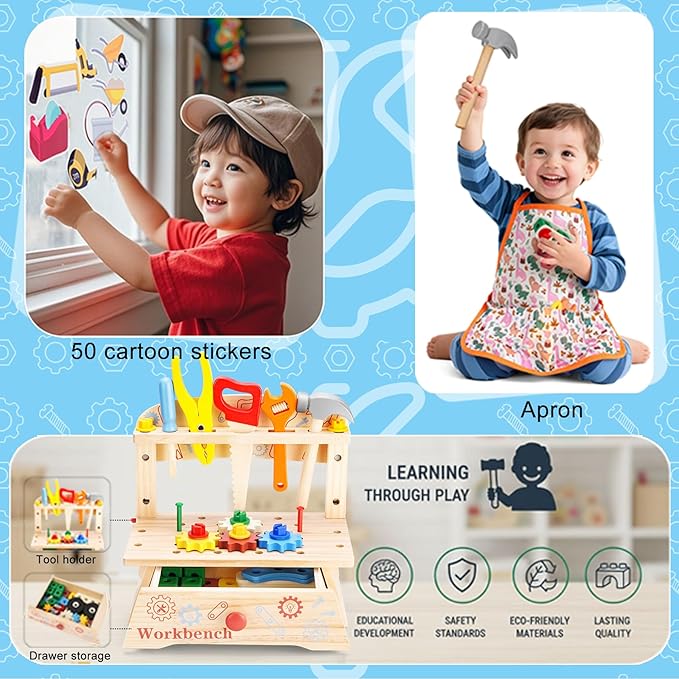 REXBETI Kids Tool Set, Wooden Toddler Tool Set with Apron, Toddler Tool Bench, Educational Montessori Toys for 3 Year Old Boys, Pretend Construction Kits, Birthday Gifts for 3 4 5 Year Old Boy Girl