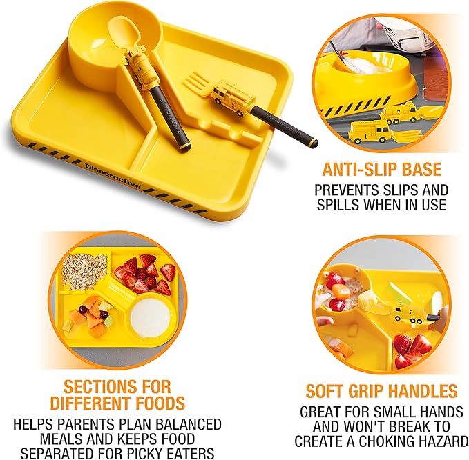 Dinneractive Dining Set For Kids - 3PC Yellow Firefighter Dinnerware - Fire Truck Utensils - Toddler Plates - Baby Dishes