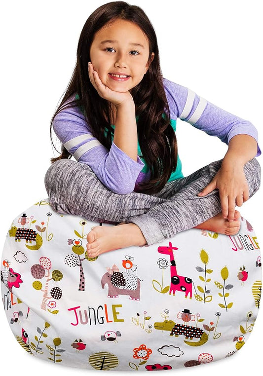 Posh Stuffable Kids Stuffed Animal Storage Bean Bag Chair Cover - Childrens Toy Organizer, Medium 27" - Canvas Jungle White