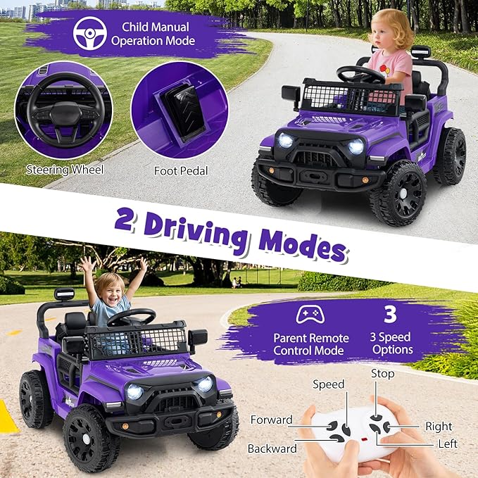 Costzon Kids Ride on Car Truck, 12V Electric Vehicle w/Foldable Mirrors, 3 Speeds, LED Lights, Music & Horn, Ride on Toys Remote Control Car for Toddlers, Boys & Girls (Purple,34" × 23" × 21")