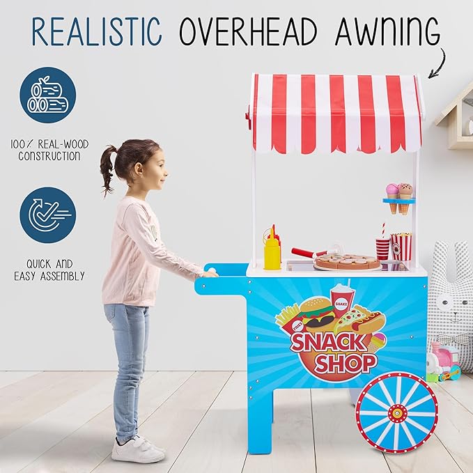 Lil’ Jumbl Wooden Snack Shop Playset | Kids Play Pretend Hot Dog Stand Push Cart w/ 125+ Burger, Fries, Pizza & Ice Cream Toy Accessories, Food Displays, Awning, Freezer, Storage Drawers & Menus