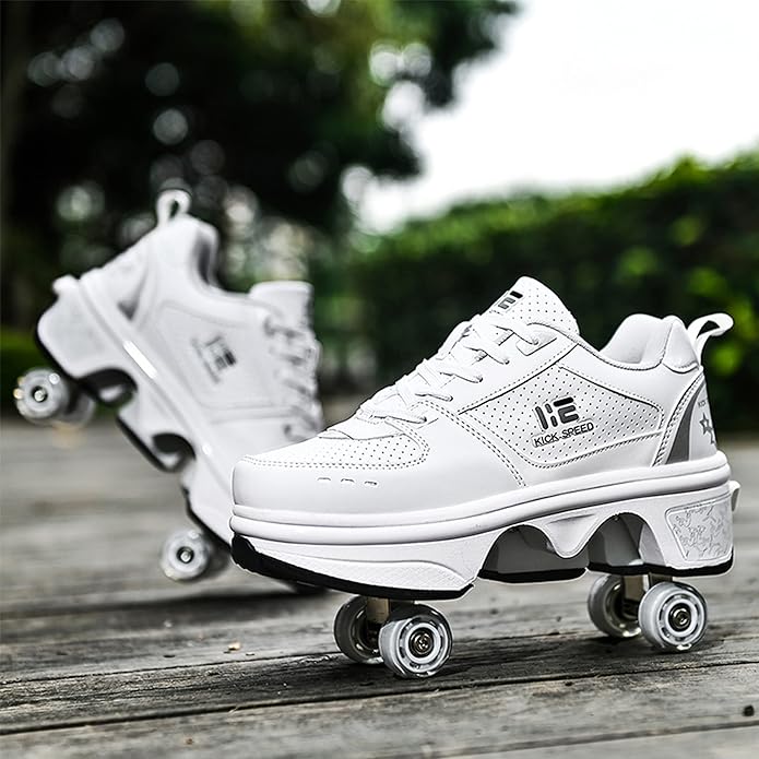 2-in-1 Roller Skates Shoes with Retractable 4 Wheels & Pop-Out Deformation Sneakers Outdoor Sports Skating Shoes for Girls Boys