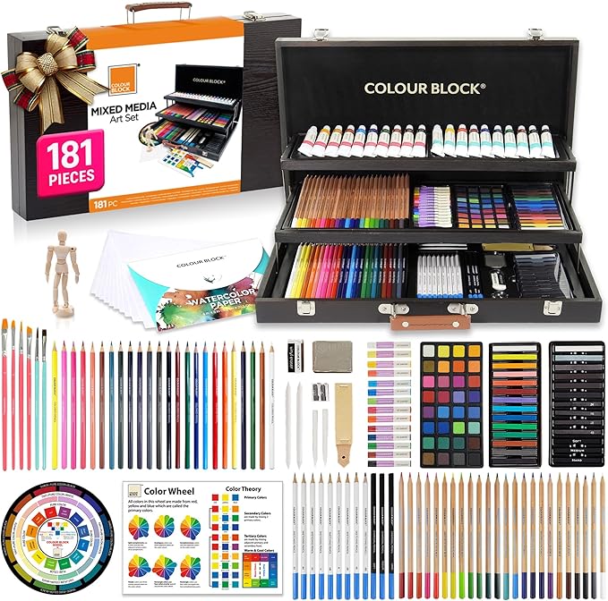 COLOUR BLOCK 181 pc Mixed Media Art Set in Exquisite Wooden Case - Acrylic & Water color Paints, Sketching, Colored Pencils, Soft & Oil Pastels