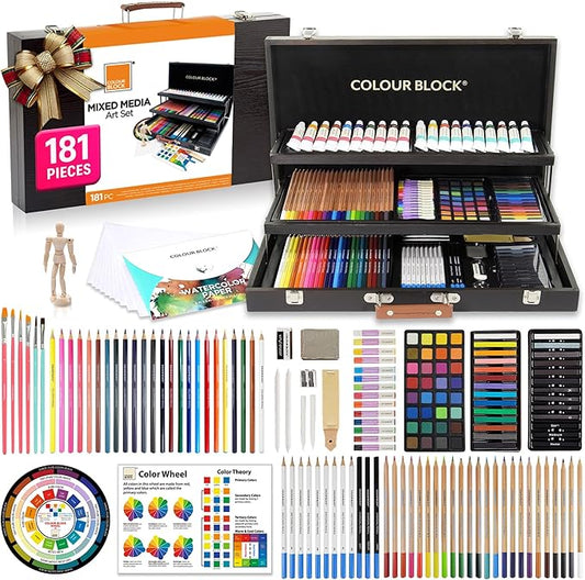 COLOUR BLOCK 181 pc Mixed Media Art Set in Exquisite Wooden Case - Acrylic & Water color Paints, Sketching, Colored Pencils, Soft & Oil Pastels