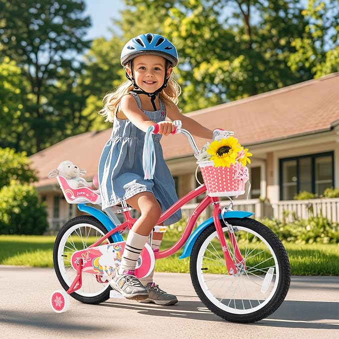 BABY JOY Kids Bike, 12 14 16 18 Inch Children Bicycle w/Detachable Training Wheels, Storage Basket, Adjustable Seat & Handlebar, Bow or Streamer, Girls Bike for 3-8 Years Old