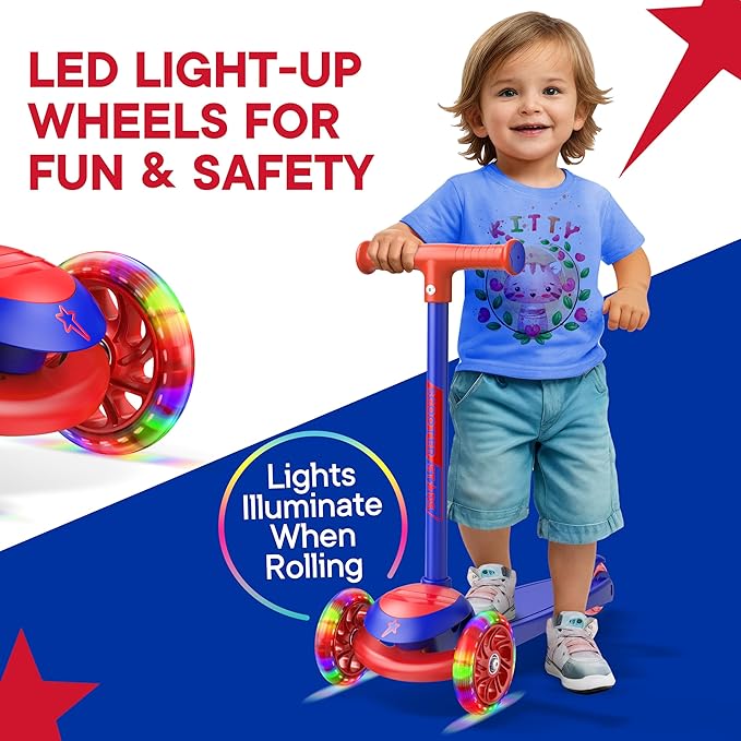 3 Wheel Scooter for Kids, Smooth Light Up LED Front Wheels, Wide Anti Slip Deck, Rear Foot Brake, Easy Lean to Steer Maneuvering, Indoor & Outdoor Ride On Toys for Ages 2 Up