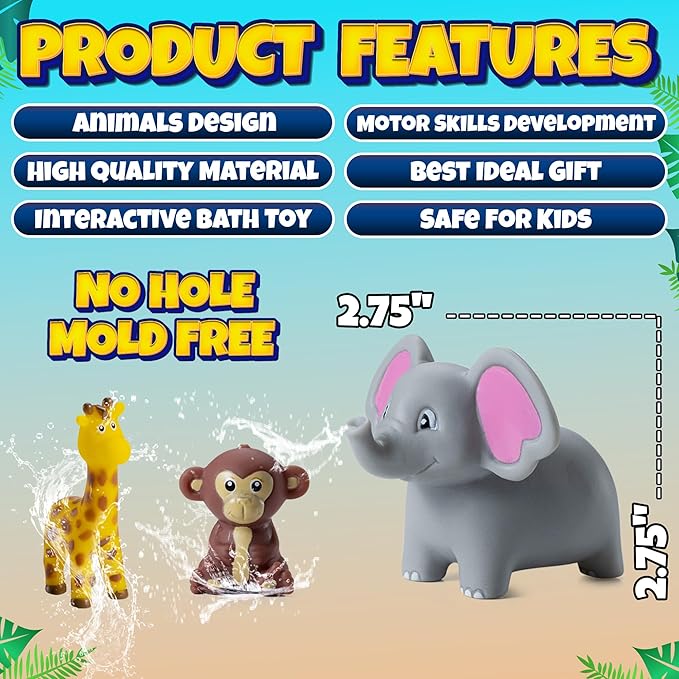 Mini Zoo Animals Bath Toys - (Pack of 12) Vinyl Rubber Jungle Safari Animal Figures, Squeezable Bath Tub Toys for Kids, Baby Shower, Birthday Party Supplies, Favors, Cake Decor, Table Decorations