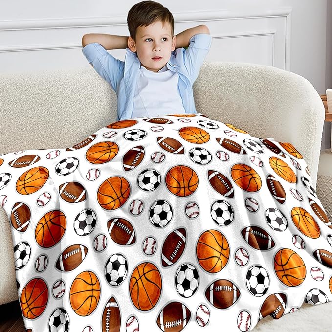 Wajade Sports Balls Blanket for Boys Soft Fleece Baseball Basketball Soccer Blanket for Couch Sofa Bedroom Fuzzy Flannel Blankets Birthday for Kids Boys 50"x60"