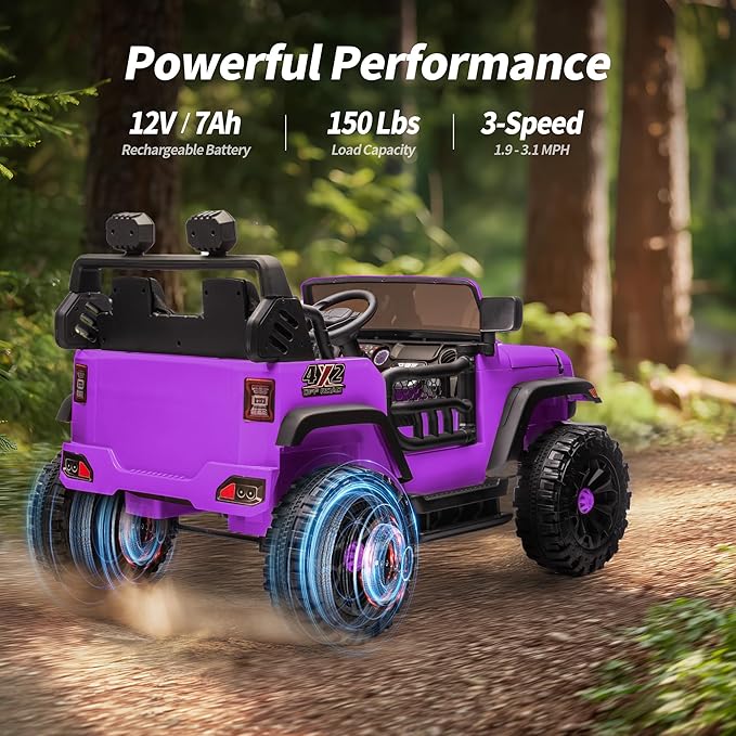 2 Seater Ride on Car Toy, 12V Electric Car for Kids 4-8 with Remote Control, Capacity 150 lb, LED Light - Purple