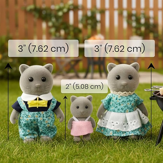 Family Gray Cat Figures — Set of 3 Collectible Flocked Mini Dolls with Removable Clothes, Miniature Dollhouse Pretend Play Figures for Kids Ages 3+