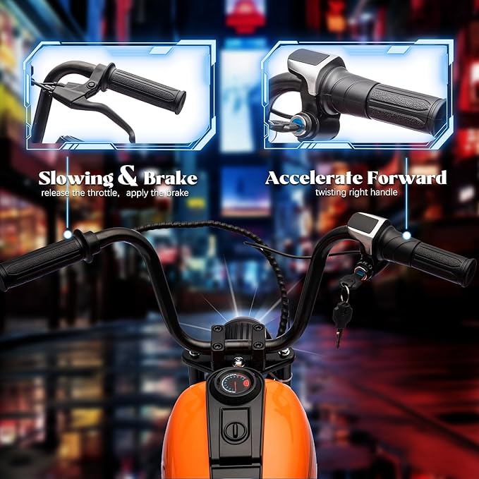 Kids Electric Motorcycle, 24V Electric Dirt Bike for Kids, 250W Motor 14MPH Fast Speed Retro Motocross, Electric Dirt Bike with LED Lights, Leather Seat, Orange