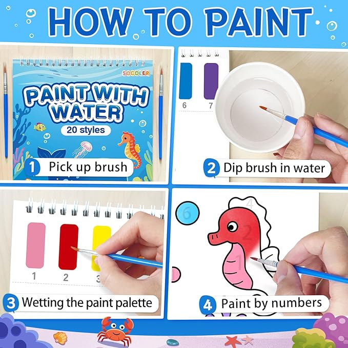 Paint with Water Coloring Books for Toddlers,Sea World Theme Mess Free Watercolor Painting Papers for Kids Water Color Paint Kit Art Craft Gift for Ages 1-3,4-8