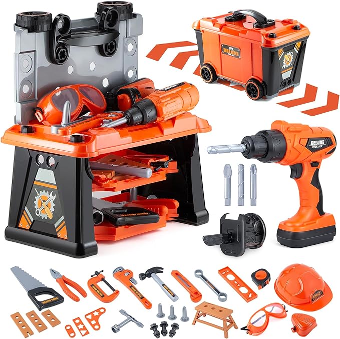 Kids Tool Bench-Zealous 79pcs Transformable Set, Toddler Workbench Toy with Electric Drill, Pretend Construction Playset for Boys Girls Age 3+, Orange & Black, HB3222-3
