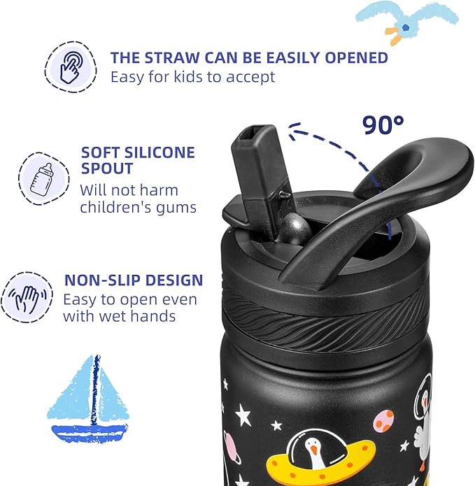 Fanhaw 14 Oz Kids Insulated Water Bottle with Straw - Stainless Steel Double Wall Vacuum Cup, Leakproof, BPA Free, Suitable for Boys and Girls(Black - Duck in Space)