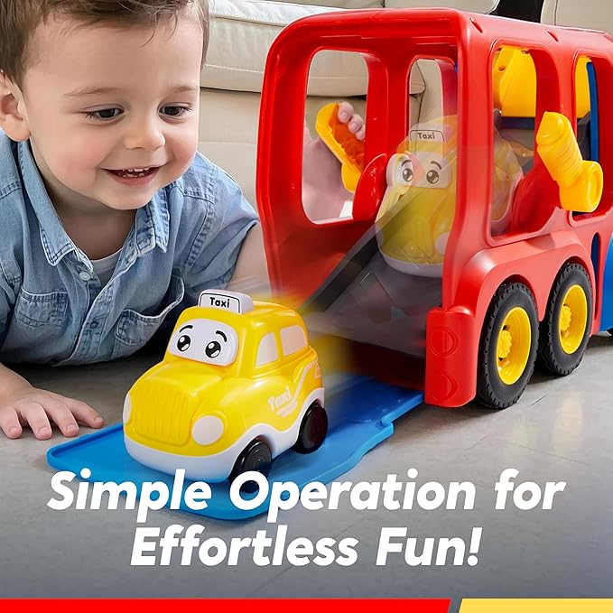 Toddler Truck Toys for Age 2-4, Carrier Transport Trucks for Kids 2 3 4 5 Year Old Boy, 4 Pack Car Toys Including School Bus, Taxi, Fire Engine and Police Car, Christmas Birthday Gift