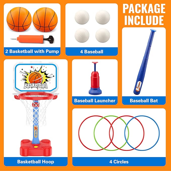 4 in 1 Toddler Basketball Hoop and T Ball Set, Toss Ring Game Kids Toys, Adjustable Height Kids Basketball Hoop Pool Toys Indoor Outdoor Sports, Gifts for Boys Girls Outdoor Toys for Toddlers 3-5 2-4