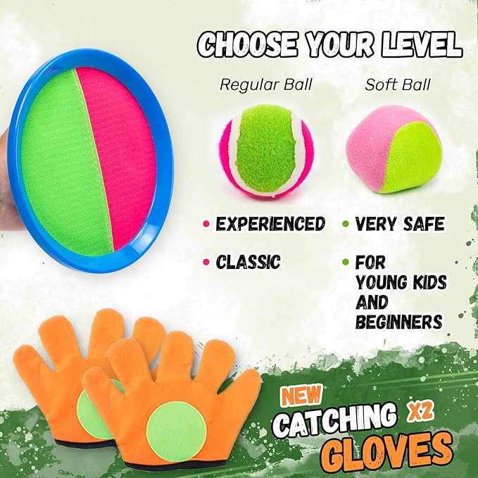 Toss and Catch Ball Set, Outdoor Games, Beach/Backyard/Lawn Games, Paddle Ball and Catch Game, Gifts for Kids/Adults/Family (6 Paddles, 4 Balls/Catching Gloves/Carrying Bag)