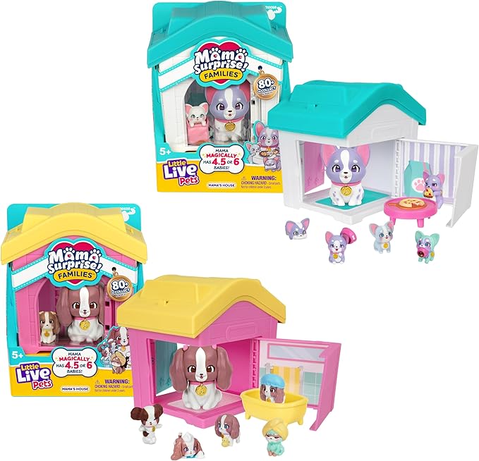 Little Live Pets Dog House Playset Bundle, Mama Surprise Families Frenchie and Spaniel Collection, Interactive Fold-Out Dog Playset Toy for Kids 5+