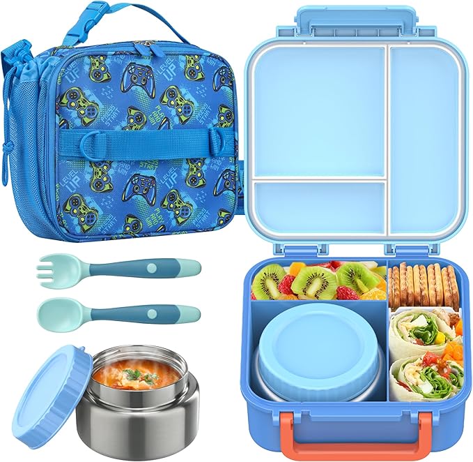 Bento Lunch Box Set for Kids with 9oz Soup Thermo, Insulated Lunch Bag,Leak-proof BPA-free Lunch Food Container with 3-4 Conpartments for School Travel-Blue