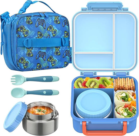 Bento Lunch Box Set for Kids with 9oz Soup Thermo, Insulated Lunch Bag,Leak-proof BPA-free Lunch Food Container with 3-4 Conpartments for School Travel-Blue