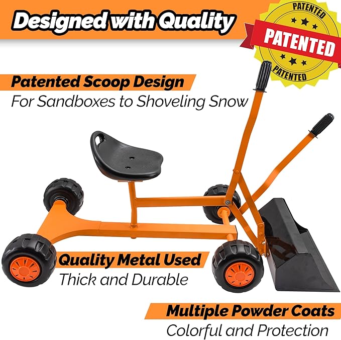 WONKAWOO Sand Digger Original Metal Excavator Bulldozer 360° Seat Ride On Toy for Kids, US Patented Extra Wide Scoop Bucket Design