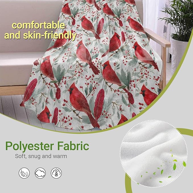 Cardinal Blanket,Elegant Red Bird on Berry Branch Design Fleece Blankets,Soft Decorative Throw for Couch,Bedroom,Travel,Camping,Practical Throws Gifts for Women Teens Nature Lovers,50X60 Inch