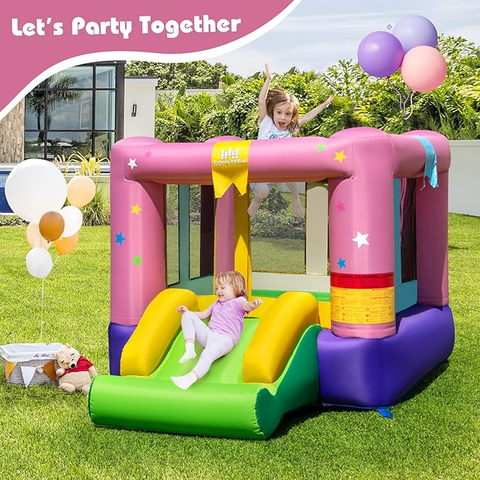 BOUNTECH Inflatable Bounce House, Bouncy House for Kids 3-12 Indoor Outdoor w/520W Blower, Jumping Area, Slide, Basketball Game, Mini Bounce House for Toddler Boys Girls Birthday Party Backyard Gifts