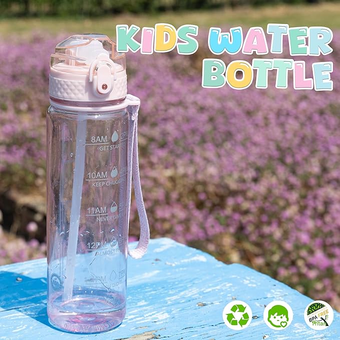 OLDLEY 17oz Kids Water Bottle for school Girls Boys, Motivational Water Bottles With Silicone Straw, Leak-Proof Tritan BPA-Free, Reusable water bottles for kids, Cherry Blossom