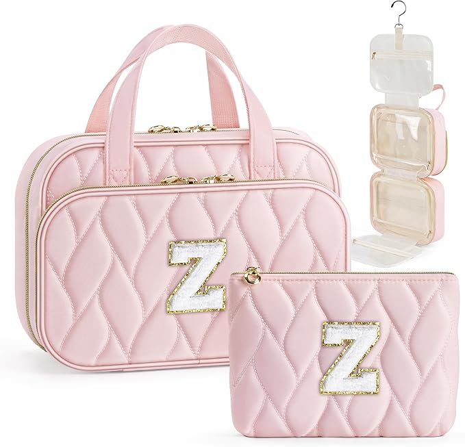 YOOLIFE Hanging Toiletry Bag for Women - Portable Makeup and Travel Bag, Cruise Ship Essentials - Letter Z, Pink