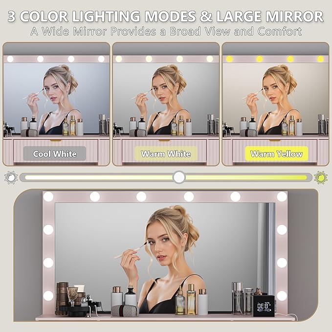 Fluted Makeup Vanity with Large Lighted Mirror and Chair, 7 Drawer Dressing Table with Power Outlet and USB, Elegant Vanity Desk with Cushioned Stool for Bedroom, Women, Girls