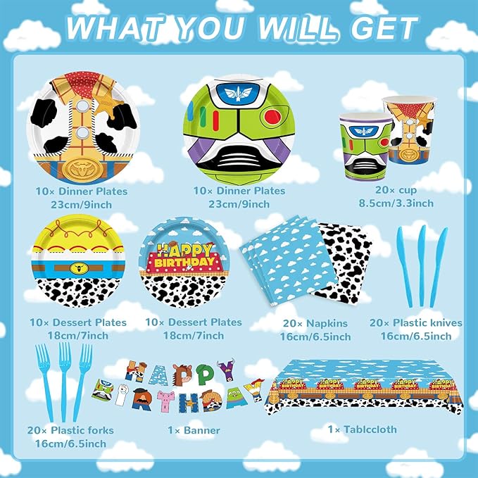 182PCS Toy Theme Party Supplies Cartoon Toy Theme Party Decorations Toy Theme Tableware Set Plates Napkins Cups Banners Tablecloths Forks Knives Holds 20 Guests