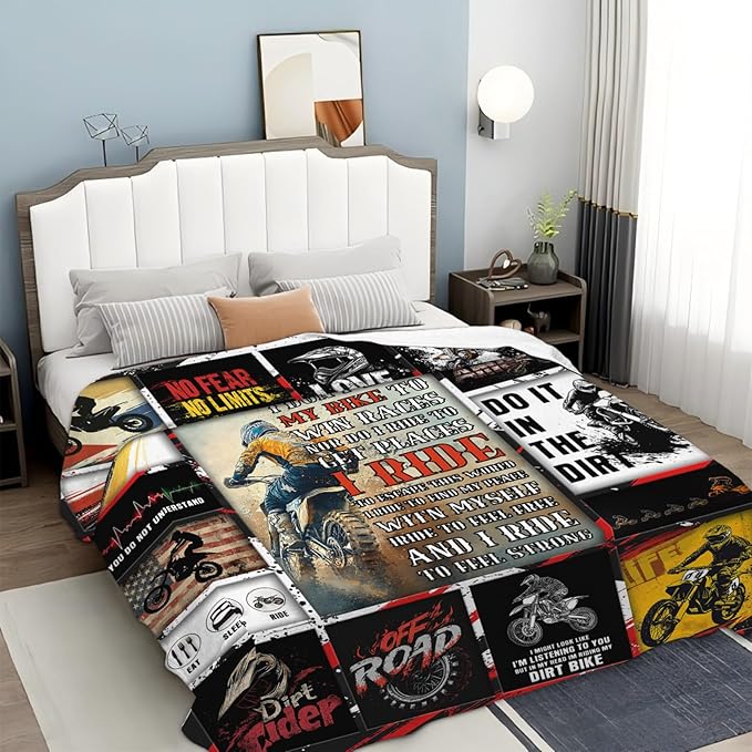Motorcycle Blanket for Mens, Dirt Bike Flannel Throw Blanket, Fleece Soft Cozy Stuff Blankets Gift for Women Men Couch Sofa Bed 80" x 60"