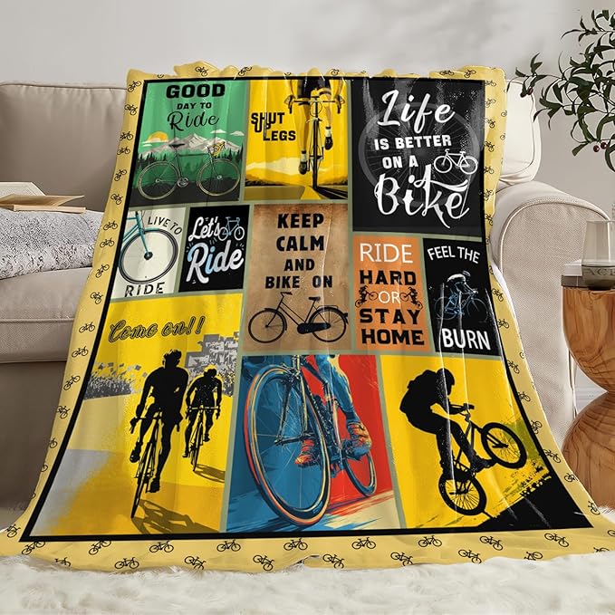 Bicycle Cycling Blanket for Mens, Bike Flannel Throw Blanket, Fleece Soft Cozy Stuff Blankets Gift for Women Men Couch Sofa Bed 80" x 60"