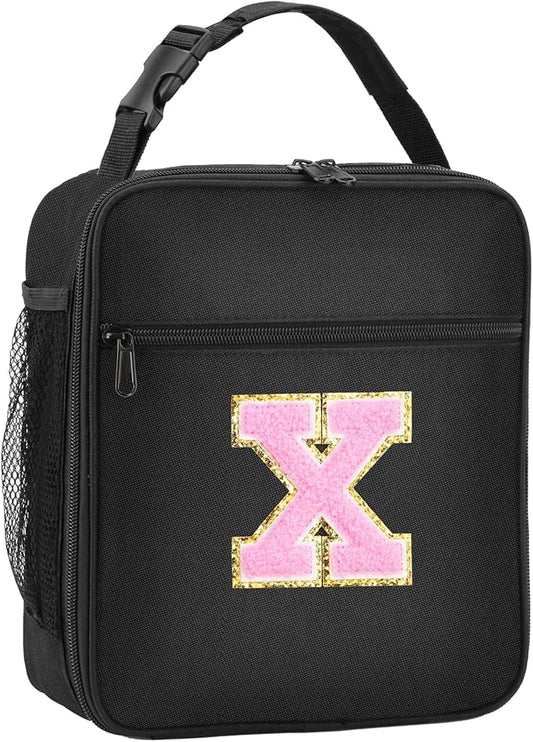 Initial Insulated Lunch Bag, Lunch Box with Initial Letter Patch for Teen Adult, Reusable Lunch Bag for Men Women, Ideal Back to School Gift Birthday Gift, Pink X