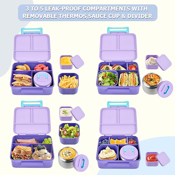 MAISON HUIS Bento Box for Kids with 8oz Soup Thermo, Leak-proof Lunch Food Containers with 5 Compartment, Insulated Lunch Bag & 17oz Stainless Steel Water Bottle for School, Trvael