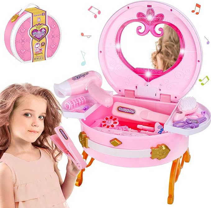 Portable Princess Vanity with Real Mirror, Toddler Makeup Vanity & Styling Tools, Lights and Sounds, Girls Toys Gifts for 3-12 Year Old Kids Birthday Gift